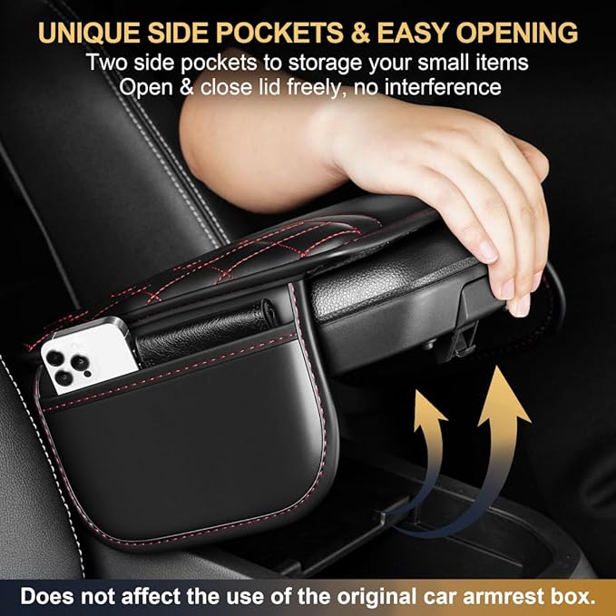 YORKNEIC Armrest Cover for Car Fit for Lincoln Nautilus: Middle Console Cover with 2 Storage Bags Waterproof Faux Leather Car Armrest Cover (Black&Redline)