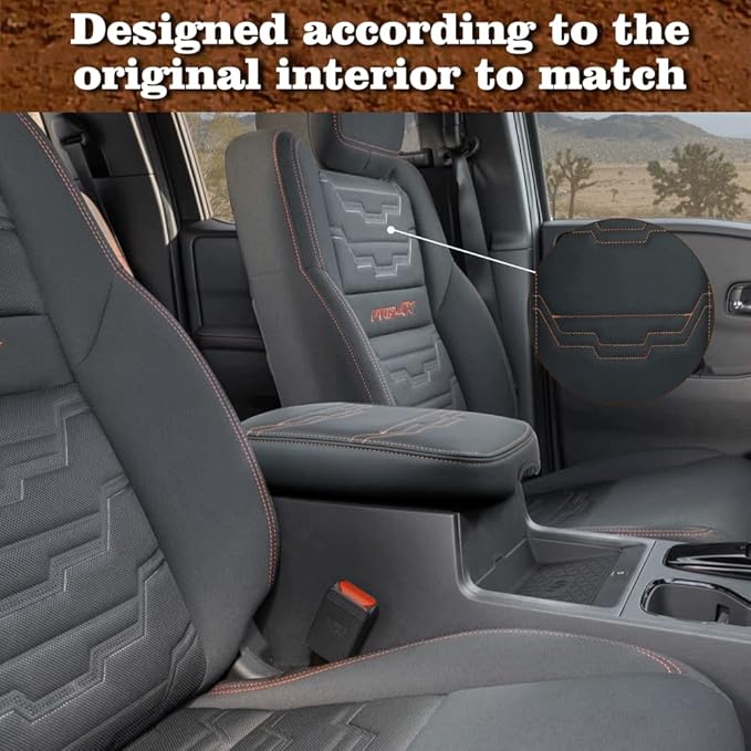 Muslogy for Frontier Center Console Pad Armrest Box Cover Vegan Leather Soft Accessories Armrest Lid Protector Compatible with Nissan Frontier 2022-2025 2026(Regular Thick, V2 Orange Stitching)