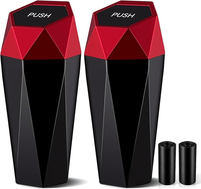 JUSTTOP Car Trash Can with Lid, Easy to Clean, Diamond Design Small Automatic Portable Trash Can, Used in Car Home Office Interior Accessories, 2PCS (Red)
