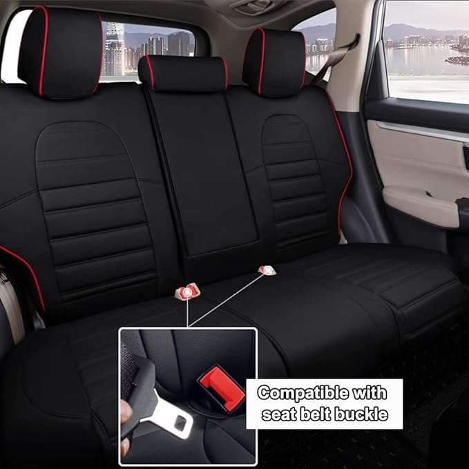 HKZ Fit CRV Car Seat Covers Full Set for Honda CR-V 2017-2022; Leather (Black with Red Trim)