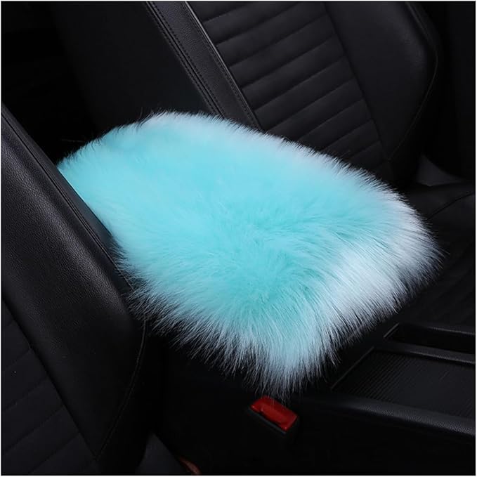 Auto Center Console Pad, 11.8" x 7.9" Furry Armrest Cover Universal for SUV/Truck/Car, Warm Winter Premium Faux Sheepskin Wool, Soft Fluffy Car Armrest Seat Box Cushion Protector (Blue)