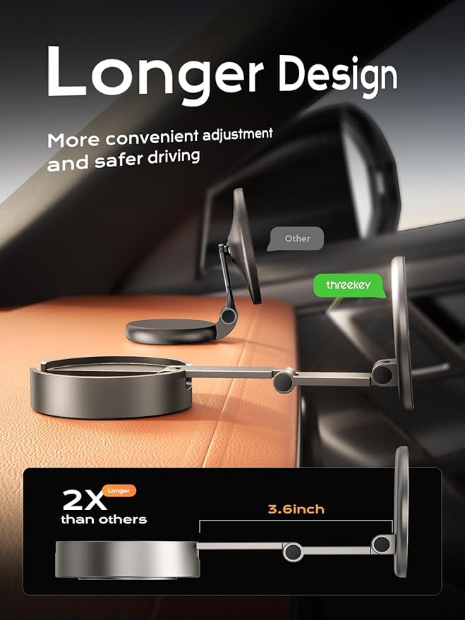 THREEKEY for MagSafe Car Phone Mount, Magnetic Phone Holder for Car with Metal Arm & 360°Rotation, Strong Magnets Car Phone Holder Mount for iPhone 16/15/14/13/12 Series & Galaxy S25 Ultra (Bronze)