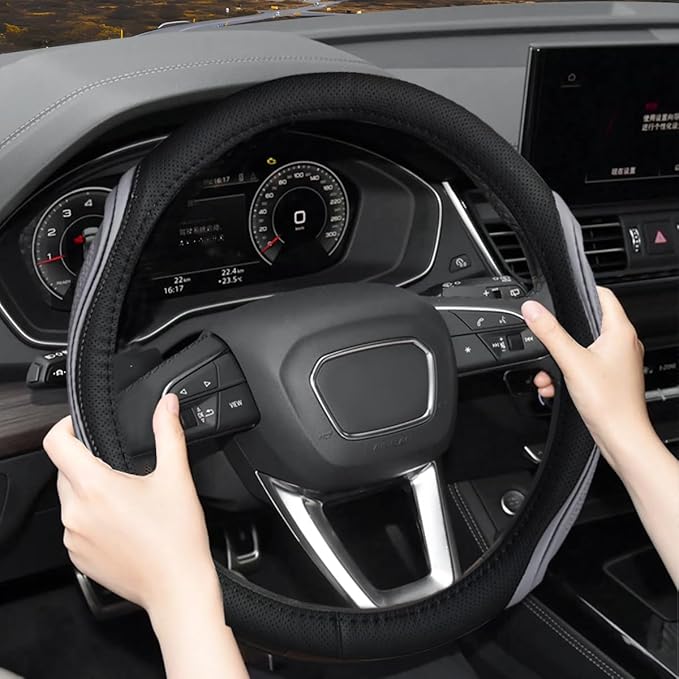 15 Inch Car Leather Steering Wheel Cover, Automotive Accessories Elastic Breathable Anti-Slip Soft Wheel Protector Fits Men and Women, Suitable for SUVs, Trucks, Vehicles and RVs (Gray-1)