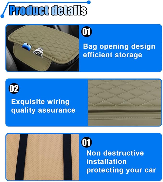 Car Center Console Cover, Car Armrest Cover Cushion, Leather Support Pad with 2 Storage Bags, Universal Interior Decorative Accessory for Most Vehicles, SUVs, Trucks, RVs (Beige)