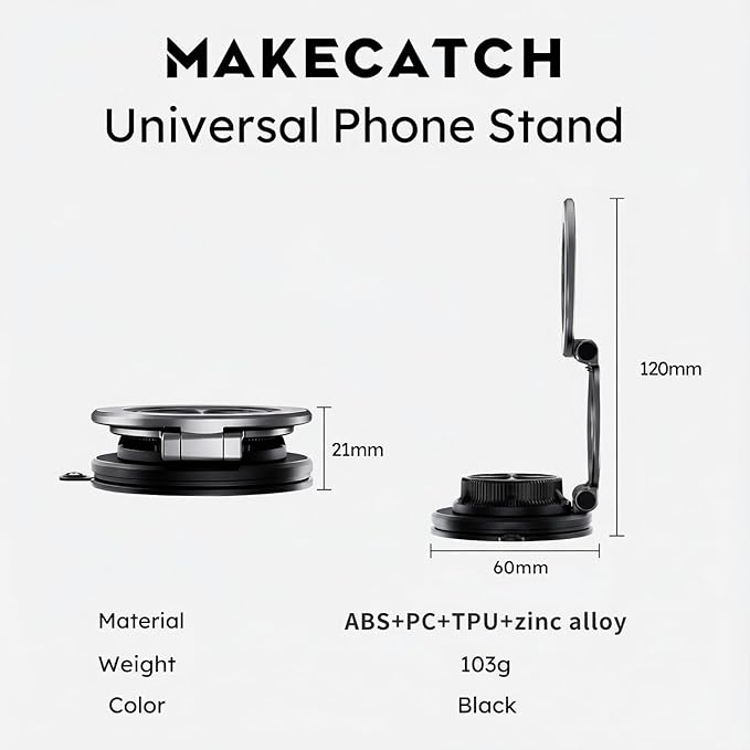 makecatch Vacuum Magnetic Car Phone Mount, 120+LB N55 Magnet (3000gf) Dashboard & Windshield Holder with Ultra-Stable Suction Cup, Foldable 0.83in Compact Car Mount for iPhone Samsung –Black