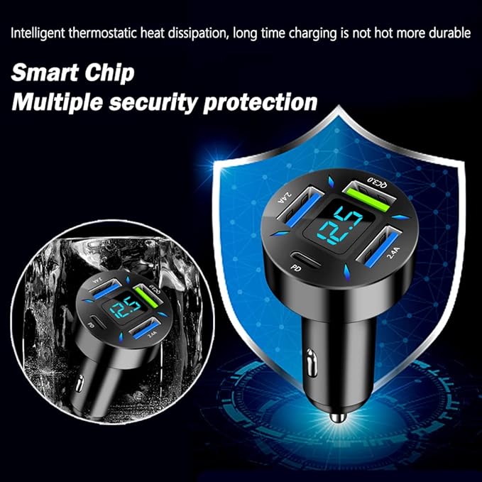4 Ports USB Car Charger USB Adapter with Voltmeter,Type C Port PD 3.1/QC 3.0 Super Fast Charging Car Cigarette Lighter Plug for iPhone 14 13 12,S22 S21 S20,iPad Pro& More Mobil Phone (Black)