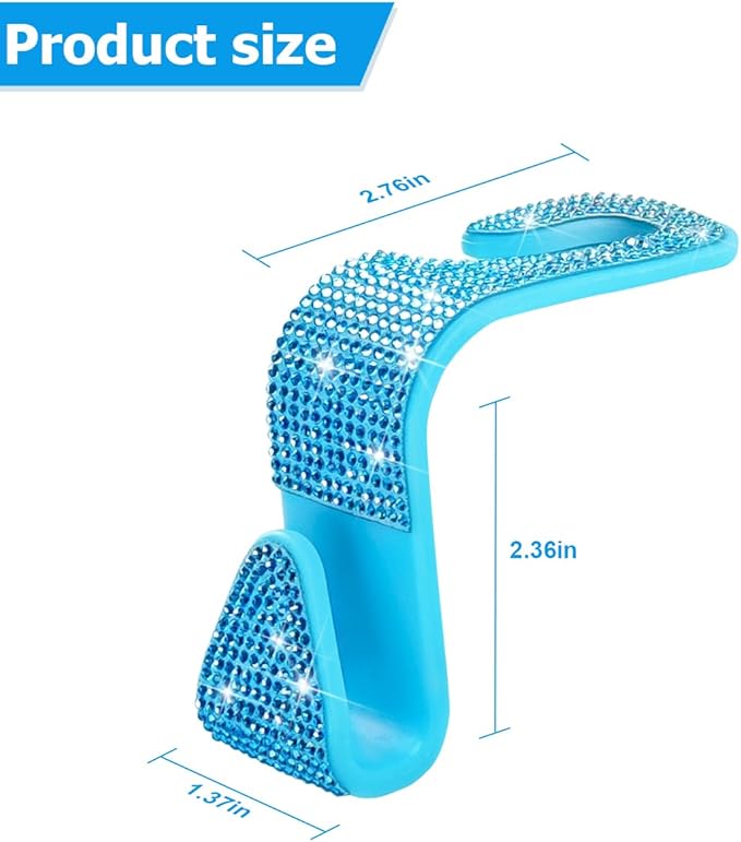 4PCS Bling Car Seat Headrest Hooks, Vehicle Back Seat Purse Handbag Hanging Holder with Crystal Rhinestone, Diamond Storage Organizer Hook, Universal Automotive Accessories (Lake Blue)