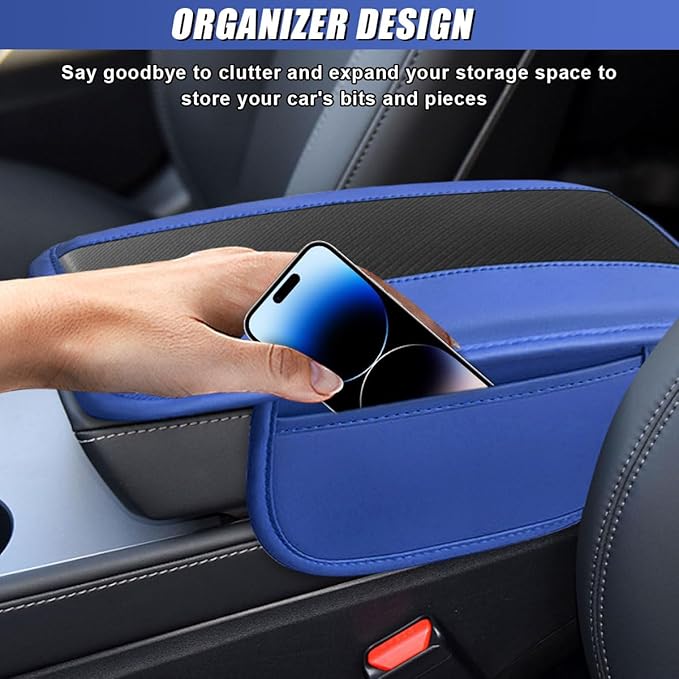 Car Center Console Cover, Carbon Fiber Leather Car Armrest Cover Protector, Auto Middle Console Support Pad with Side Storage, Universal Storage Box Cushion for Most Vehicle Interior (Blue)