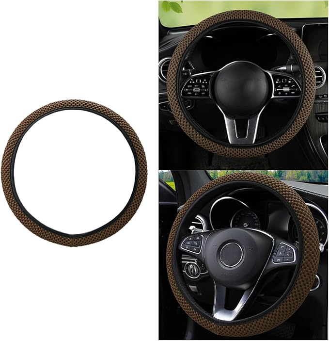 Stretch Elastic Steering Wheel Cover, All-Season Comfort, Warm in Winter & Cool in Summer, Universal 15 Inch Microfiber Breathable Ice Silk, Anti-Slip, Odorless, Easy Carry, Fit Car, SUV (Coffee)