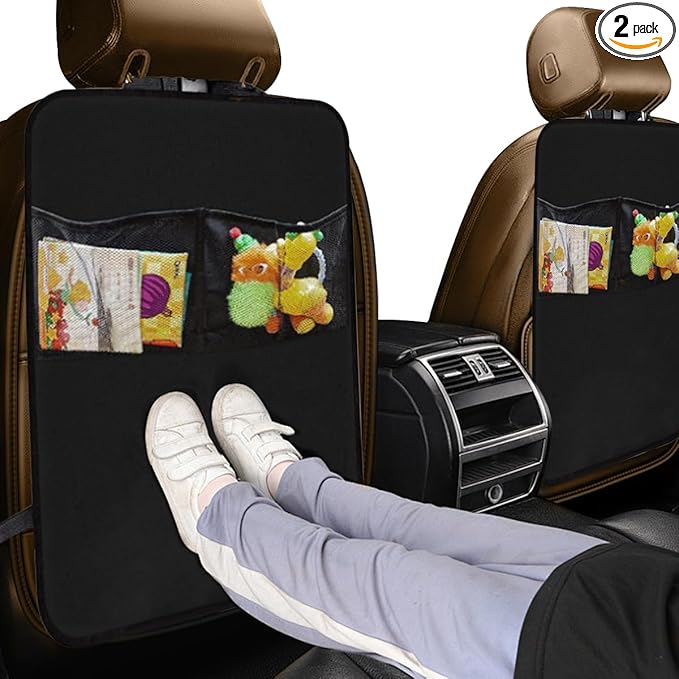 2PCS Car Backseat Organizer - Vehicle Seat Back Protector Kick Mats for Kids - Waterproof Car Back Seat Cover with 2 Storage Pockets - Road Trip Essentials Travel Accessories for Car SUV Truck