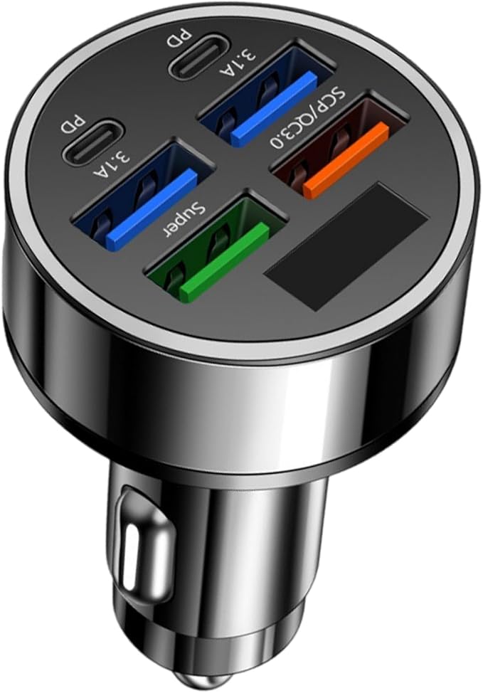 6 in 1 MultiPorts Car Charging Adapter with Digital Voltages Display USB/USB C Charging PD5V-3.1A for Fast Charging