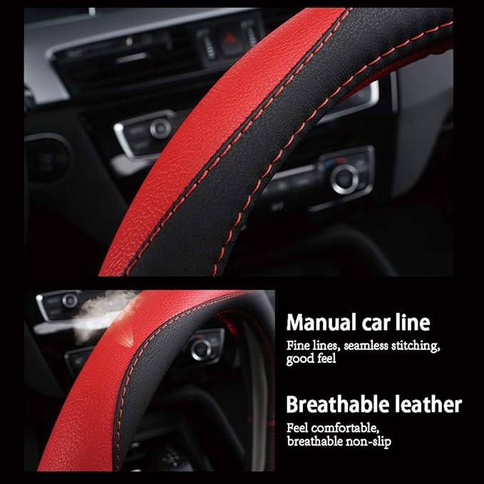 Black Microfiber Leather Car Steering Wheel Cover,Durable, Breathable,Snug Grip,Fit Most Car,Warm in Winter Universal Size 14.5 15 15.5 Inches(Black/White)