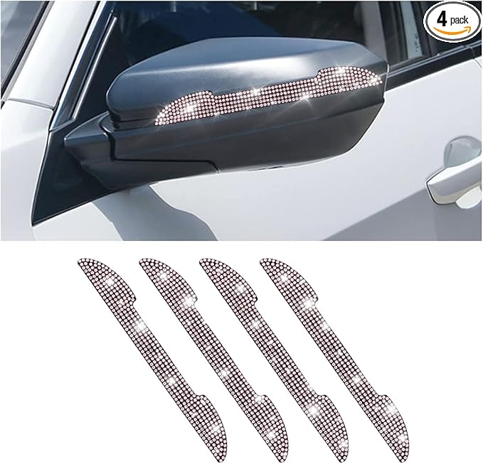 4PCS Bling Car Rear View Mirror Anti-Scratch Stickers Protector, Rhinestone Auto Door Handle Edge Guards, Crystal Anti-Collision Strip Decal, Car Decoration Accessories for Women Men (Pink)