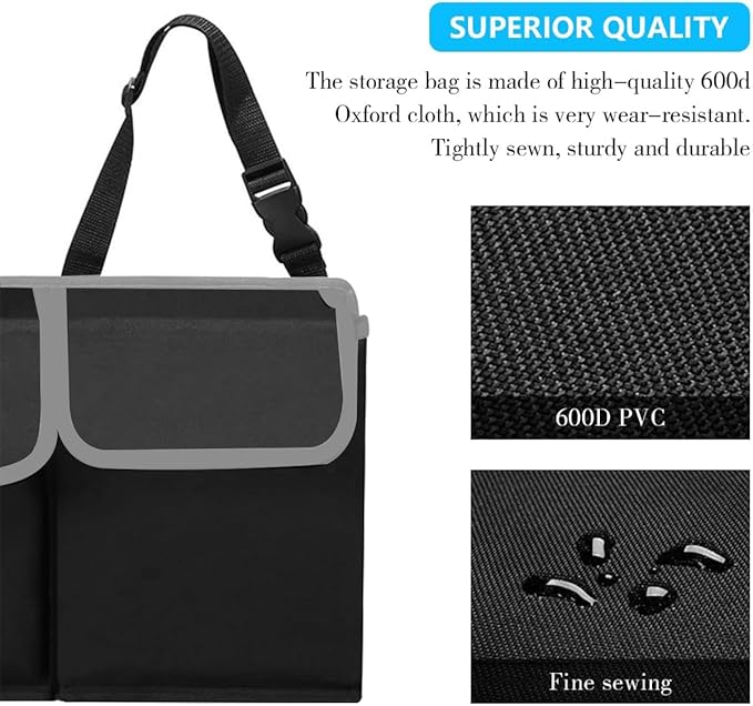 Car Trunk Organizer, Collapsible Large Capacity Auto Backseat Hanging Storage Bag with Adjustable Strap & 4 Pockets, Space Saving Car Back Seat Cargo Bag, Universal for Vehicles (Black)