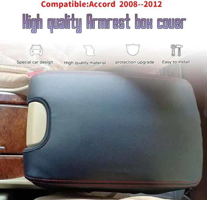 Custom Interior Accessories for Honda Accord 2008 2009 2010 2011 2012 PU Leather Center Console Armrest Box Cover Armrest Cushion Central Armrest Protector Pad(Black with Black Stitching)