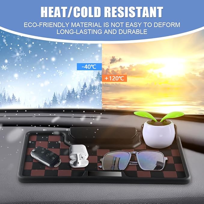 NHHEO Car Anti Slip Mat Dashboard Tray Decorations Sticky Pad Multi Functional Thicken Washable Checkerboard Design with Universal Number Plate for Aromatherapy Sunglasses Key(Black&Brown)