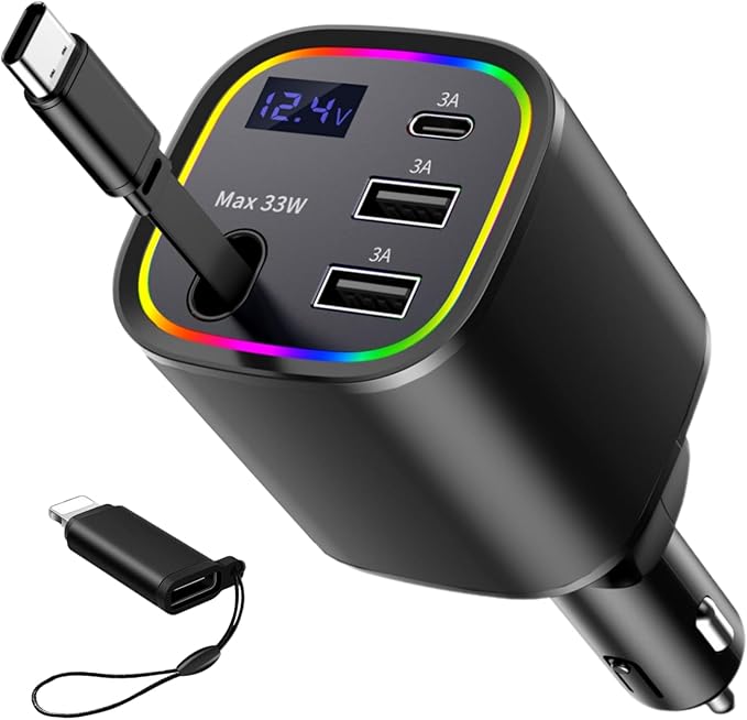 Retractable Car Charger, 4 in 1 Fast Car Charger 78W, with Type C, 2 USB-A Ports and 1 USB-C Port for Fast Charging, Compatible with iPhone 16/15/14/13/12/11, Galaxy, Pixel (Black)