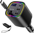 Retractable Car Charger, 4 in 1 Fast Car Charger 78W, with Type C, 2 USB-A Ports and 1 USB-C Port for Fast Charging, Compatible with iPhone 16/15/14/13/12/11, Galaxy, Pixel (Black)