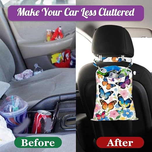 Butterflies Flowers Strap Drawstring Car Trash Bag Hanging Garbage Bag with Snap Buttons Car Back Seat Trash Storage Portable Dustbin Vehicle Trash Can Bag for Vehicle Travel Camping