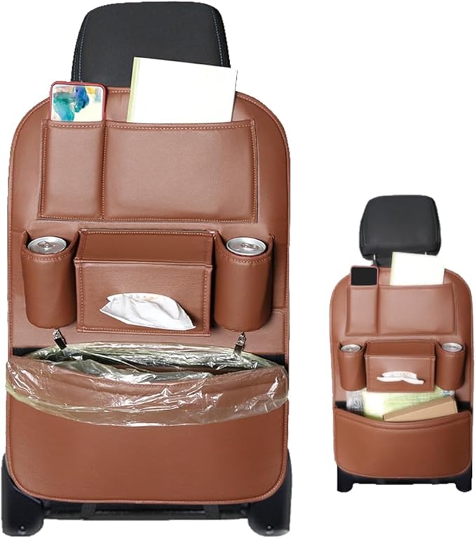 1PCS Car Backseat Organizer Seat Back Protectors Kick Mats, PU Leather Car Storage Organizer Hanging Bag with Car Tissue Holder Kids Toys Storage Car Accessories (Brown)
