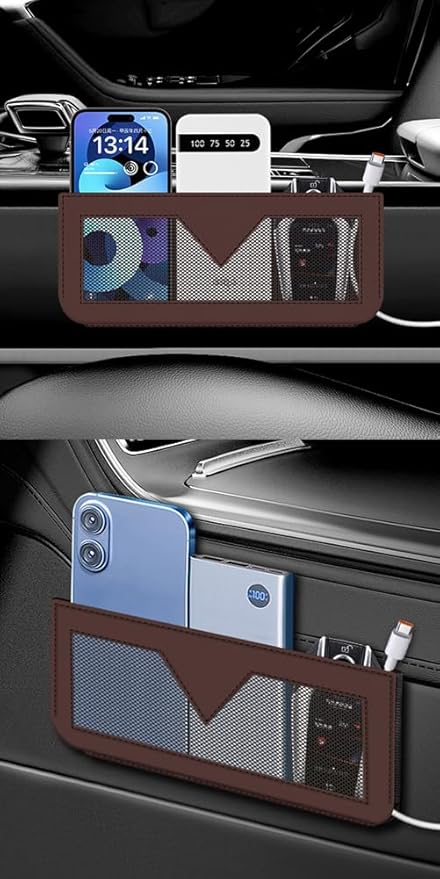 Berfi Life Car Seat Side Pocket Organizer, Car PU Leather Mesh Storage Bag Pouch, Vehicle Seat Gap Filler for Keys, Phone, Sunglasses, Registration, and Documents