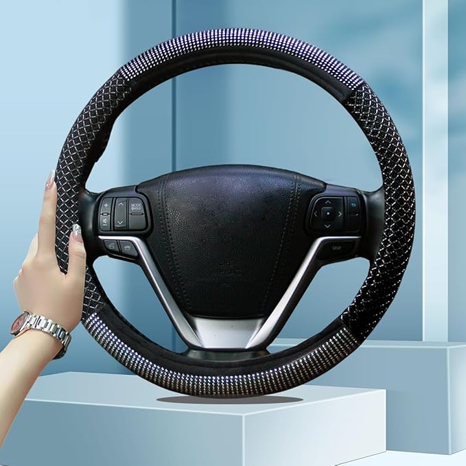 Bling Steering Wheel Cover, Bling Crystal Rhinestone Steering Wheel Cover Universal, 15 Inch Sparkling Anti-Slip Wheel Protector for Women or Girls, Easy Installation and Cleaning(Half Black)