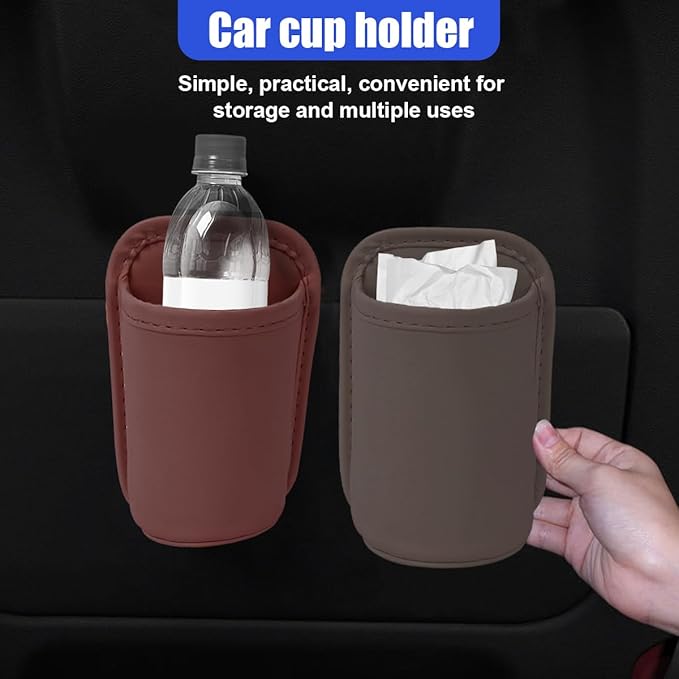 Leather Car Cup Holder, Hanging Automotive Back Seat Bottle Holders, Scratch-Resistant Vehicle Door Drink Holder, Clip-On Auto Organizer Accessories for Soda Cans, Coffee (Brown)
