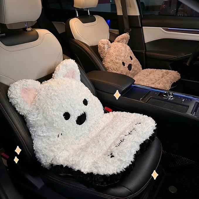 Soft Plush Car Seat Cushion and Lumbar Support Set - Adorable White Animal Design for Enhanced Driving Comfort (White)