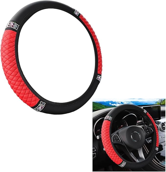 Bling Car Steering Wheel Cover, 15 Inch Crystal Rhinestone Elastic Stretch Leather Steering Wheel Protector, Vehicle Decor Accessories for Women Girls, Universal for RV, SUV, Truck (Red)