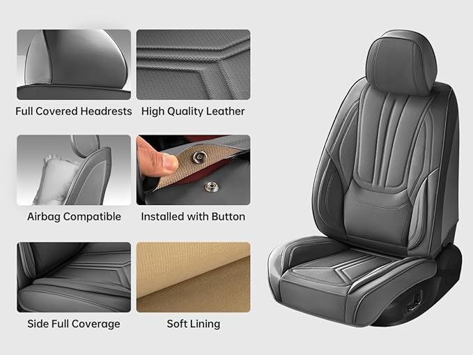 SCDOOCA Car Seat Covers Full Set Gray, Luxury Leather Car Seat Covers, Waterproof and Breathable Seat Covers, Universal Car Seat Protector Fit for Cars, Trucks, SUVs, Pick-ups (Gray, FullSet)