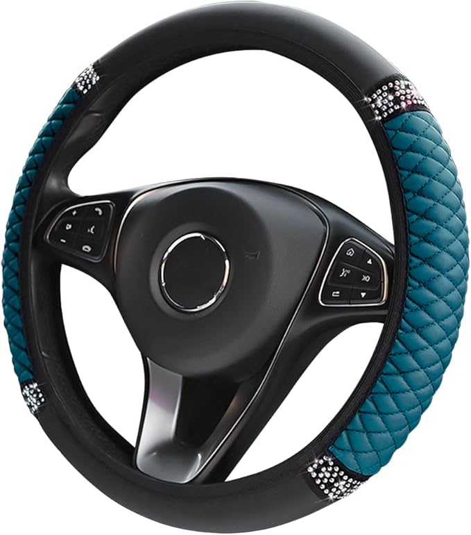 LoyaForba Bling Soft Leather Steering Wheel Cover, 15 In Colorful Rhinestones Auto Elastic Steering Wheel Protector, Sparkly Crystal Diamond for Women Girls, Car Accessories for Most Cars (Dark Green)