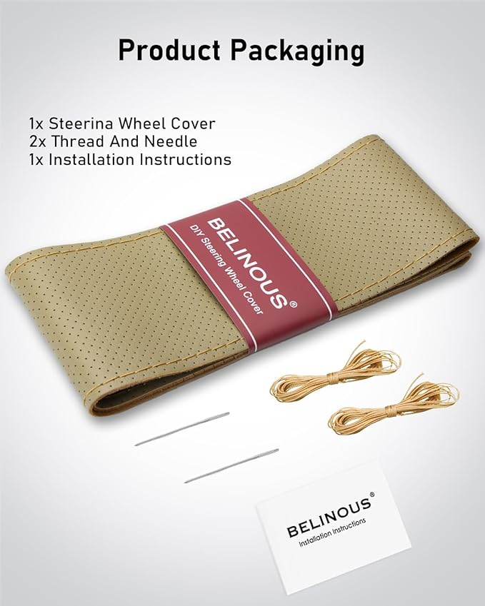 BELINOUS Universal Leather Car Steering Wheel Cover, Stitch On Wrap (Size M4, Beige)