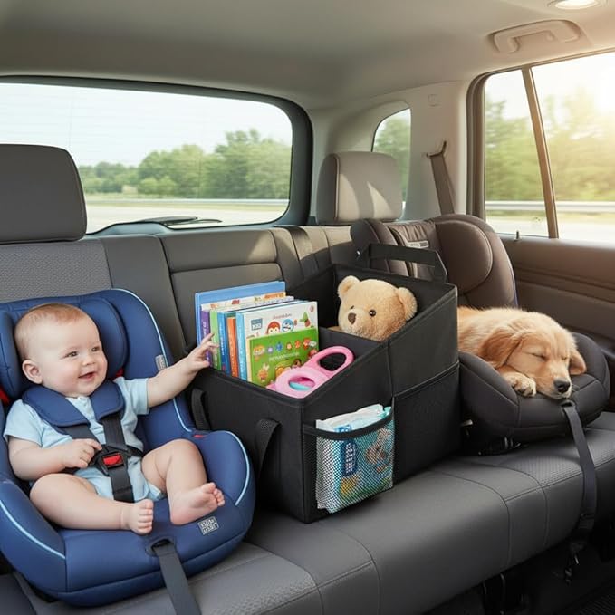 Car Seat Organizer for Front & Back Seat, Passenger Seat Storage Caddy with Divider, Mesh Pockets & Handles, Foldable Waterproof Car Organizer for Kids & Adults