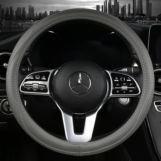 Cowhide Steering Wheel Cover Heat Resistant Anti-Slip Car Wheel Wrap Compatible with Most Makes and Models of Cars and Trucks with 14.5 to 15 Inch Steering Wheel(Gray)