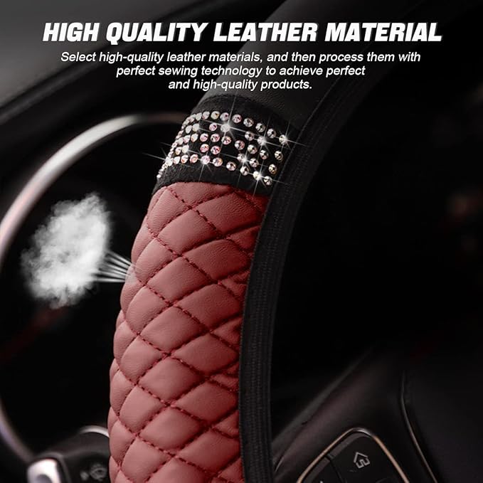 LoyaForba Bling Soft Leather Steering Wheel Cover, 15 Inch Colorful Rhinestones Auto Elastic Steering Wheel Protector, Sparkly Crystal Diamond for Women Girls, Car Accessories for Most Cars (Wine Red)