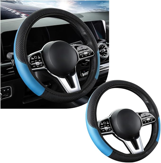 Car Steering Wheel Cover, 15 Inch Leather Breathable Auto Steering Wheel Protector, Comfortable Non-Slip Vehicle Steering Wheel Covers, Universal Interior Car Accessories (Black+Blue, AD)