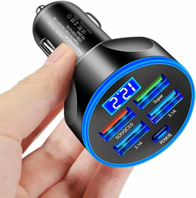 5-in-1 Multi-Port USB C Car Phone Charger with Voltage Display, 250W Super Fast Charge Cigarette Lighter USB Charger for iPhone/Android/Samsung/iPad Pro and More (Black)