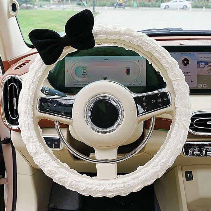 Car Steering Wheel Cover Cloth Puffrug car with Anti-Slip Sweat-Absorbing Handlebars Woman Steering Wheel Cover Gift for Sister's mom Teacher (Pink Bow)
