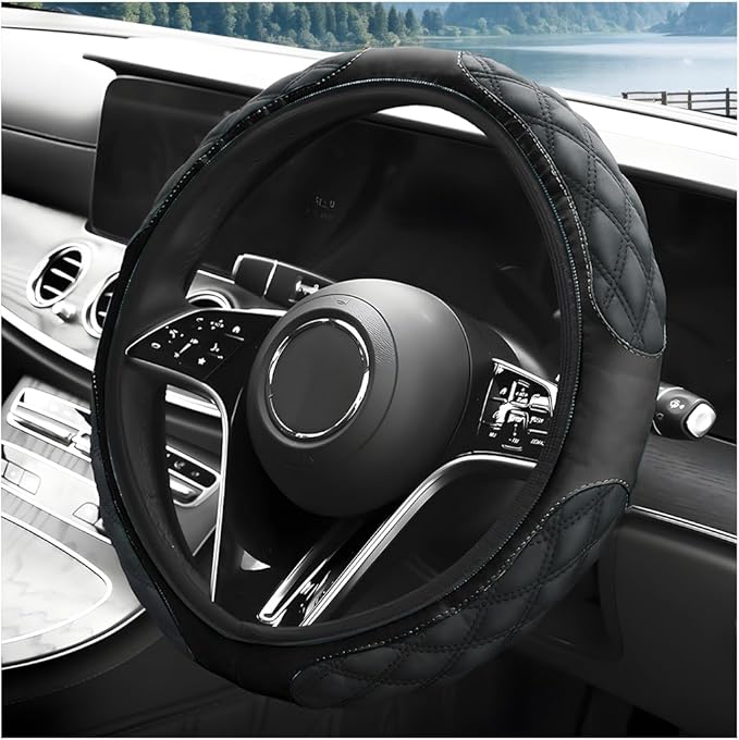 Car Steering Wheel Cover, 15 Inches Leather Steering Wheel Protector with Non-Slip Grip, Universal Wheel Covers Interior Decoration for Sedens Trucks SUVs, Car Accessories (Black)