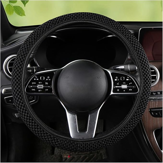 Stretch Elastic Steering Wheel Cover, All-Season Comfort, Warm in Winter & Cool in Summer, Universal 15 Inch Microfiber Breathable Ice Silk, Anti-Slip, Odorless, Easy Carry, Fit Car, SUV (Black)