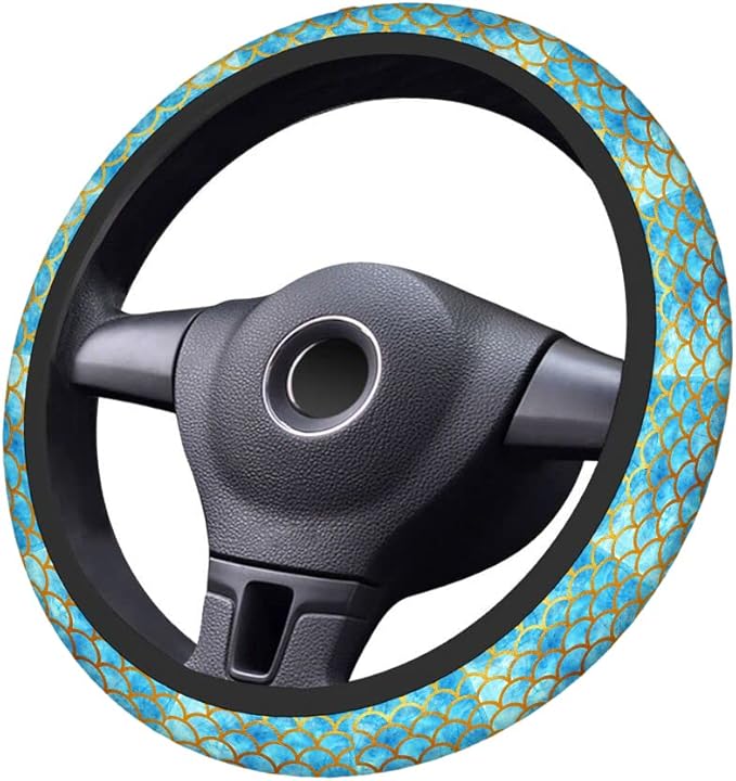 Swono Automotive Steering Wheel Covers Mermaid Scales Watercolor Blue and Gold Fish Scales Neoprene Car Wrap Cover Stretch-On Fabric Breathable Universal 15 Inch for Women Men