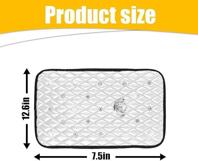 Mandark Bling Car Center Console Cover, Rhinestones Crown Vehicle Armrest Seat Box Mat Pad, Diamond Automotive Interior Arm Rest Cushion Protector Decor Accessories, Universal Fit(White)