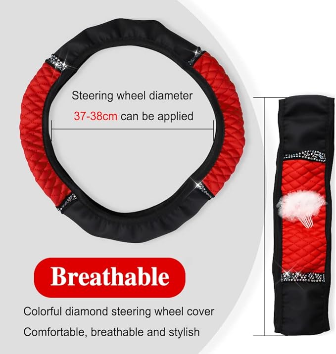 Bling Soft Leather Steering Wheel Cover, Anti-Slip Car Steering Wheel Protector, 15 Inch Rhinestones Soft Leather Elastic Steering Wheel Protector for Women Girls, Car Accessories for Most Cars