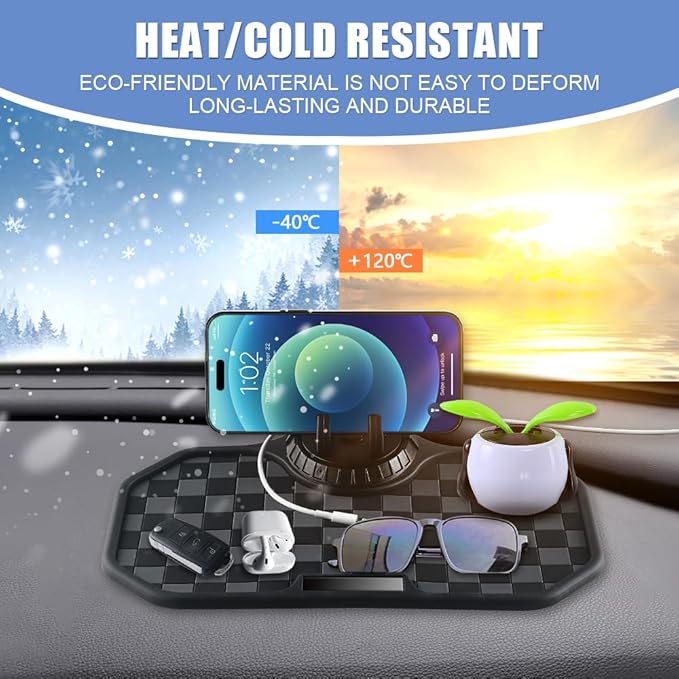 NHHEO Car Anti Slip Mat Dashboard Tray Decorations Sticky Pad Multi Functional Thickened and Widened Washable with 360° Rotating Universal Phone Pad Holder+Number Plate(Black&Gray)