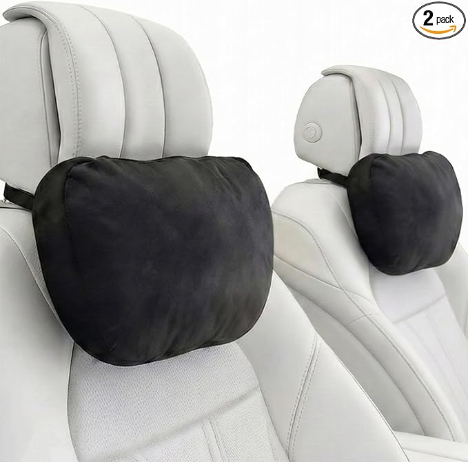2PCS Car Pillow for Car Neck Pillow for Driving Seat Leather Neck Support Soft Cushion Back Support Head-Rests for Vehicle Sleeping with Elastic Adjustment Strap (Black, Head)