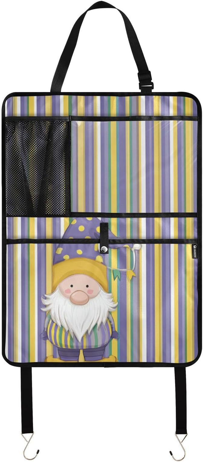 2 Pack Back Seat Car Organizer with Storage Pockets Kick Mats Back Seat Protector Hanging Car Organizer Automotive Seat Back Cover Organizers Stripe Mardi Gras Gnome
