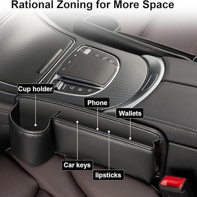 Car Seat Gap Filler Organizer with Cup Holders, Seat Gap Storage Box for Drinks, Phones, Keys, Sunglasses, Cards, and Small Essentials (Black, Driver's Seat)