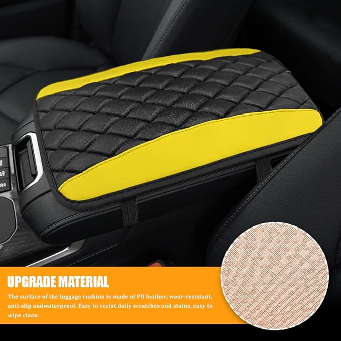 Car Center Console Cover, Leather Waterproof Armrest Seat Box Cushion Pad, Universal Decor Protector Mat, Comfortable Car Decor Accessories Fit for Most Cars, Vehicles, SUVs (Yellow)
