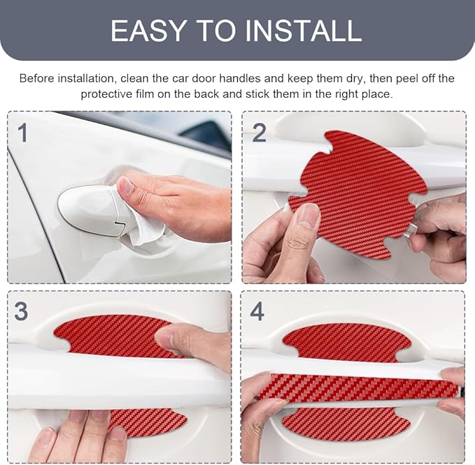 8PCS Car Door Handle Scratch Protector, Car Door Handle Sticker, Carbon Fiber Auto Doors Handles Paint Guard Cover, Waterproof Auto Paint Guard Protective Films Fit for Most Vehicles (Red)