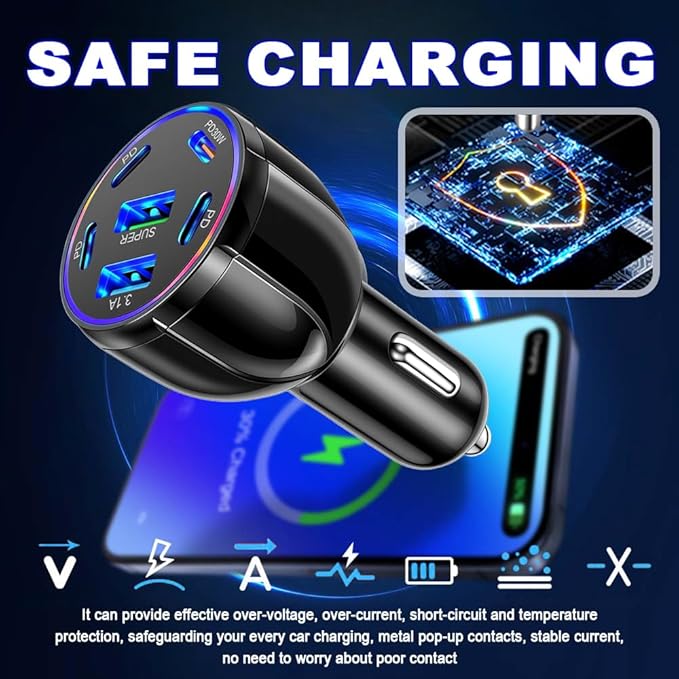 6 Port Car Charger USB C & USB A,75W Ultra-Fast Car Charger Adapter with Super/PD30W/PD/3.1A,Universal 12V/24V Cars Lighter USBs Adapter Cars Ports Chargers for Phone,Tablet
